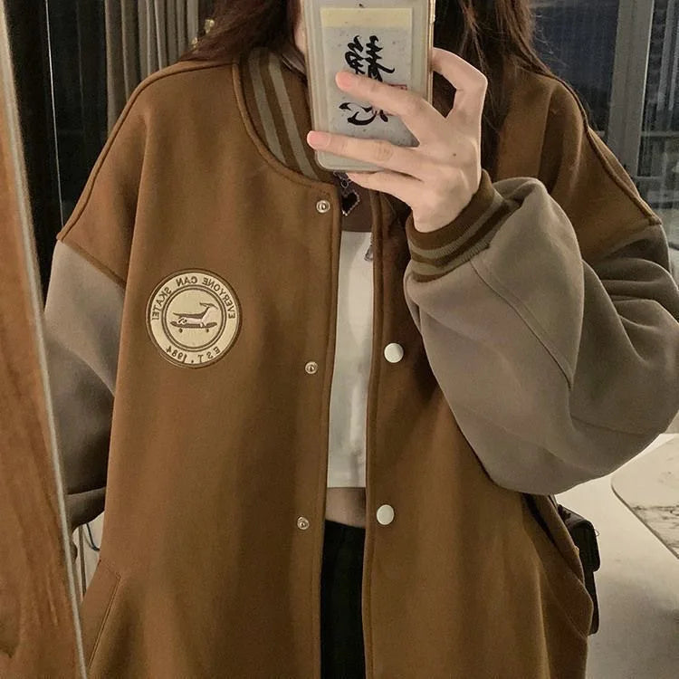 TAMBREET Lazy Style Baseball Jacket for Women in Autumn and Winter, Plush and Thickened Fashion Retro Loose Fitting  Jacket