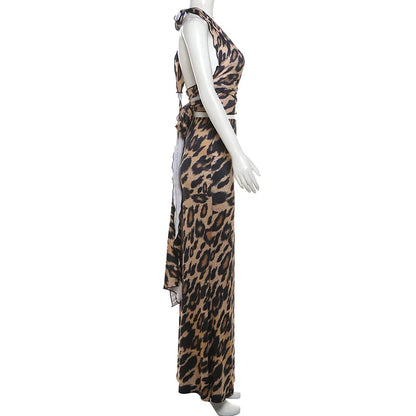 TAMBREET Leopard Print Bodycon Women Y2K Maxi Dress Set Summer Halter Backless Wrap Crop Top Long Skirts Two Piece Matching Sets Outfits