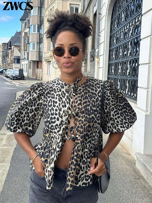 TAMBREET Leopard Print Lace Up Shirt Women Puff Short Sleeve Hollow Out O-neck Blouse 2024 Summer Female Fashion Commuter Tops Streetwear