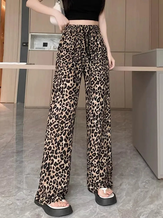 TAMBREET Leopard Print Wide Leg Pants For Women'S Summer Thin Ice Silk High Waisted Draped Loose Straight Casual Floor Mop Pants