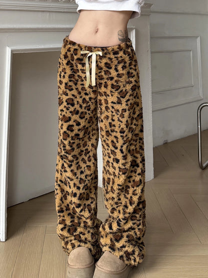 TAMBREET Leopard Velvet Women Loose Long Pants Bow Y2k Retro Fashion Chic Warm Autumn New Trousers Design Street Style