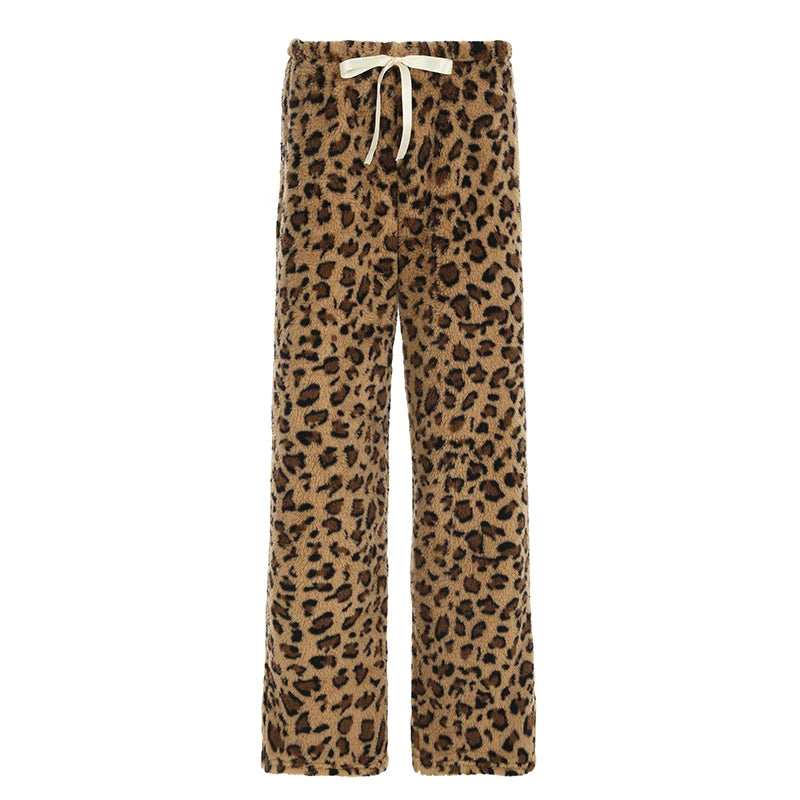 TAMBREET Leopard Velvet Women Loose Long Pants Bow Y2k Retro Fashion Chic Warm Autumn New Trousers Design Street Style