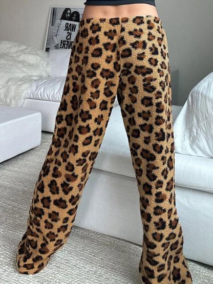 TAMBREET Leopard Velvet Women Loose Long Pants Bow Y2k Retro Fashion Chic Warm Autumn New Trousers Design Street Style