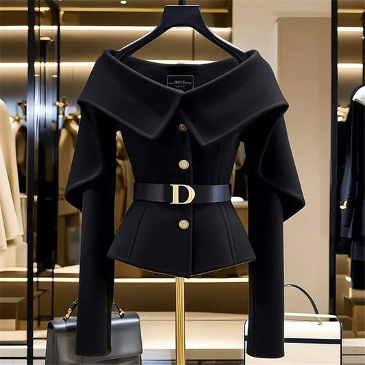 TAMBREET  Black Short Jacket for Women Small Fragrance Letter Belt Coat High End Design Turn Down Collar Tops Autumn Winter