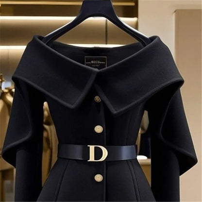 TAMBREET  Black Short Jacket for Women Small Fragrance Letter Belt Coat High End Design Turn Down Collar Tops Autumn Winter