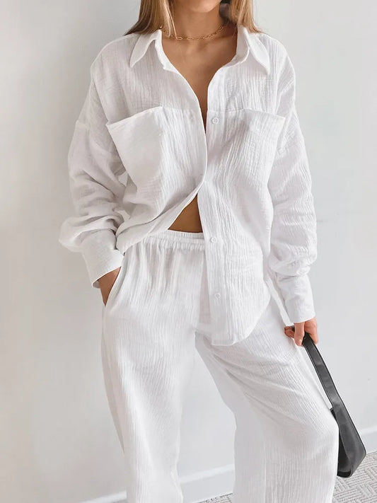 TAMBREET Linad White Pajamas For Women Cotton Long Sleeve 2 Piece Sets Nightwear Female Casual Trouser Suits Solid 2024 Autumn Sleepwear