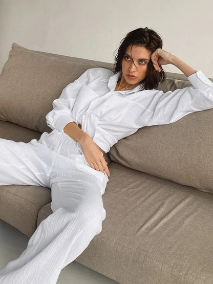 TAMBREET Linad White Pajamas For Women Cotton Long Sleeve 2 Piece Sets Nightwear Female Casual Trouser Suits Solid 2024 Autumn Sleepwear