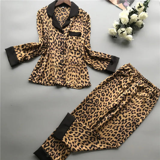 TAMBREET Lisacmvpnel Spring New Long Sleeve Pajamas Woman Ice Silk Fashion Leopard Print Sexy Pajama Set