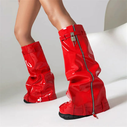 TAMBREET Lock Metal Women's Platform Boots Trend 2024 Zipper Large Size Women's Mid Calf Boots Punk Style Wedges Boots Female Women Shoes