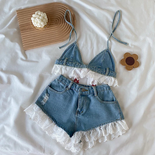 TAMBREET Lolita Girls Blue Denim Lace Two Piece Set Y2K Women Bustier Camis Crop Top High Waist Shorts Outfits Sexy Femenino 2 Piece Set