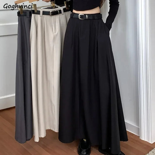 TAMBREET Long Skirts Women Ankle Length Autumn Solid High Waist All-match Elegant Baggy Streetwear Harajuku A-line Korean Fashion Ins