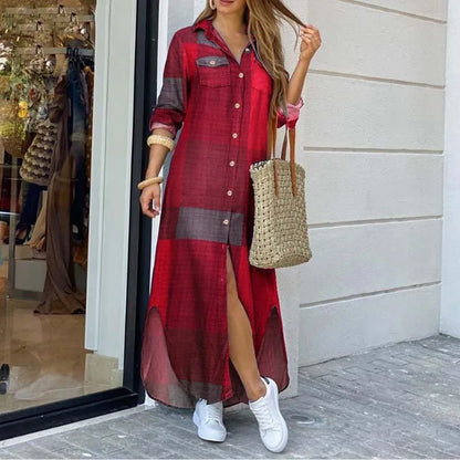 TAMBREET Long Sleeve Dress Plaid Robe Maxi Beach Dress Summer Elegant Women Button Irregular Shirt Dress Split Print Lapel Party Robe