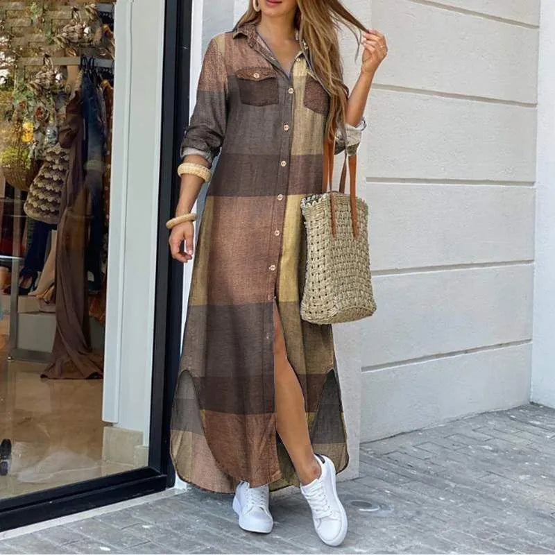 TAMBREET Long Sleeve Dress Plaid Robe Maxi Beach Dress Summer Elegant Women Button Irregular Shirt Dress Split Print Lapel Party Robe