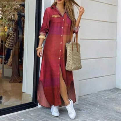 TAMBREET Long Sleeve Dress Plaid Robe Maxi Beach Dress Summer Elegant Women Button Irregular Shirt Dress Split Print Lapel Party Robe