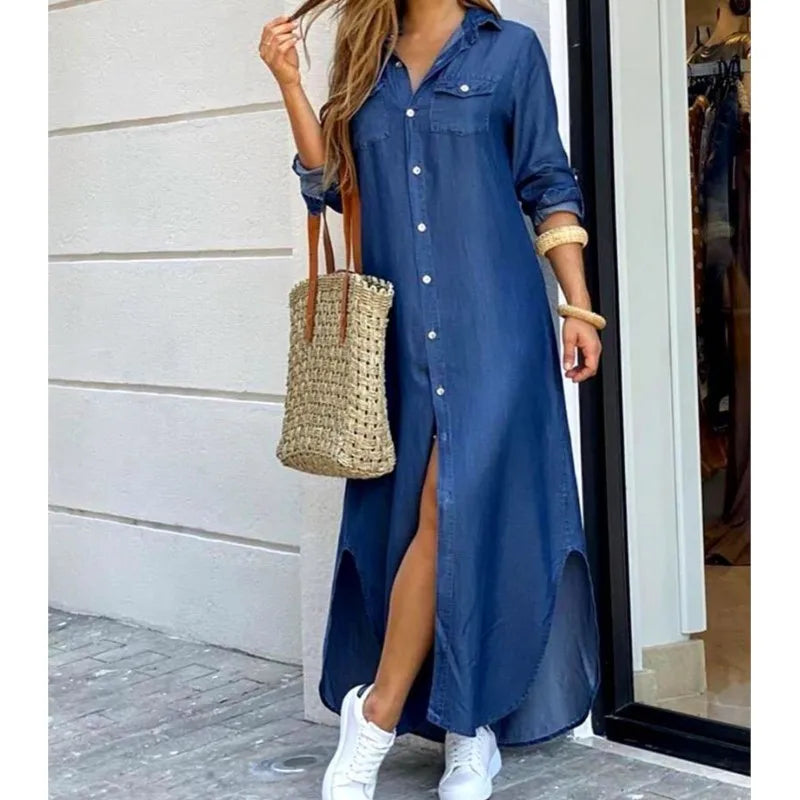 TAMBREET Long Sleeve Dress Plaid Robe Maxi Beach Dress Summer Elegant Women Button Irregular Shirt Dress Split Print Lapel Party Robe