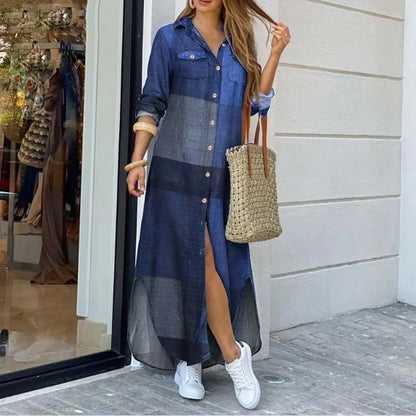 TAMBREET Long Sleeve Dress Plaid Robe Maxi Beach Dress Summer Elegant Women Button Irregular Shirt Dress Split Print Lapel Party Robe