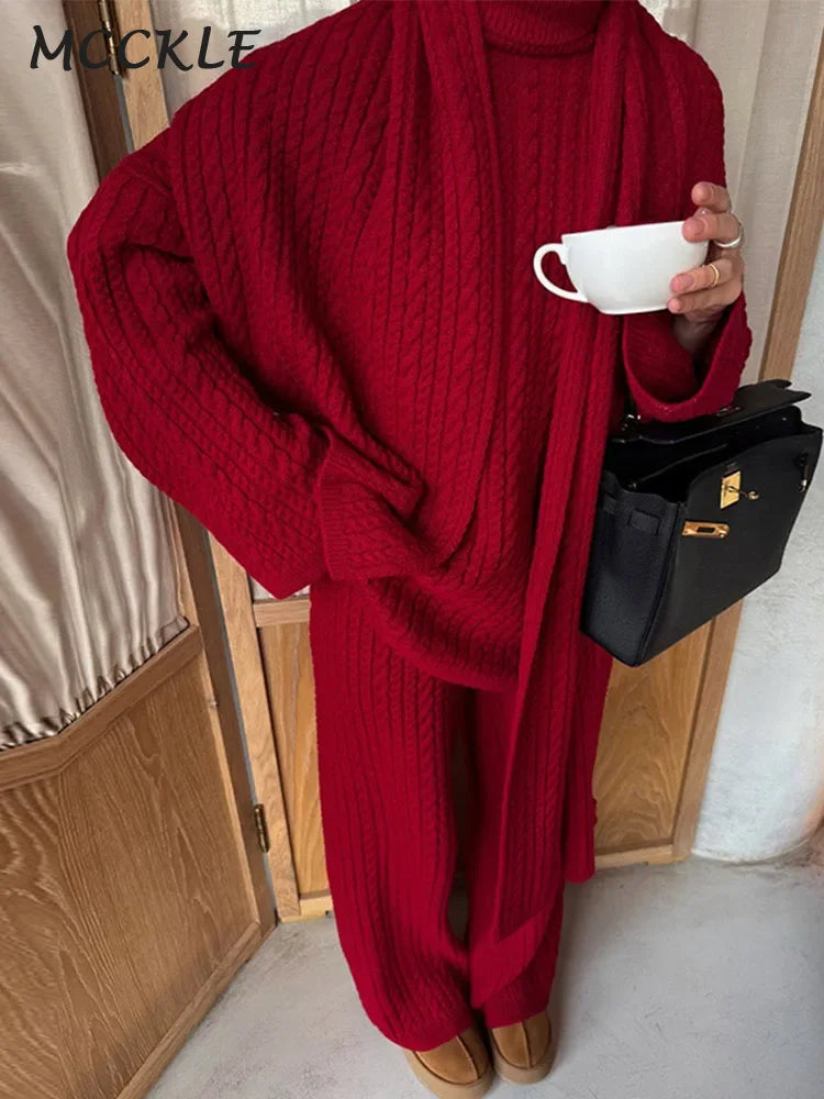 TAMBREET Loose High Collar Knitted Sweater Sets Women Scarf Pullover Wide Leg Trousers Knit Suit Female 2024 Casual Lady New Matching Set