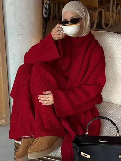 TAMBREET Loose High Collar Knitted Sweater Sets Women Scarf Pullover Wide Leg Trousers Knit Suit Female 2024 Casual Lady New Matching Set