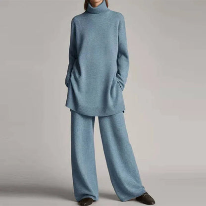 TAMBREET Loose Knitted Pullover Pants Set Women Casual Turtleneck Sweater Wide Legs Long Trousers 2025 Spring New Lady Solid Suits