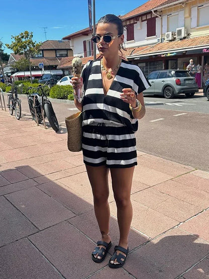 TAMBREET Loose Striped Top Shorts Set Women Casual V-neck Blouse Lace Up High Waist Short Pants Female Suits 2024 Summer Ladies Outfits