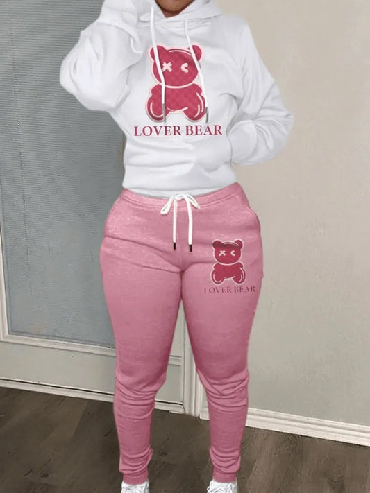 TAMBREET Lovely Bear Letter Print Kangaroo Pocket Tracksuit Set Long Sleeve Hoodie+Drawstring Trousers Women Two Pieces Matching Suits