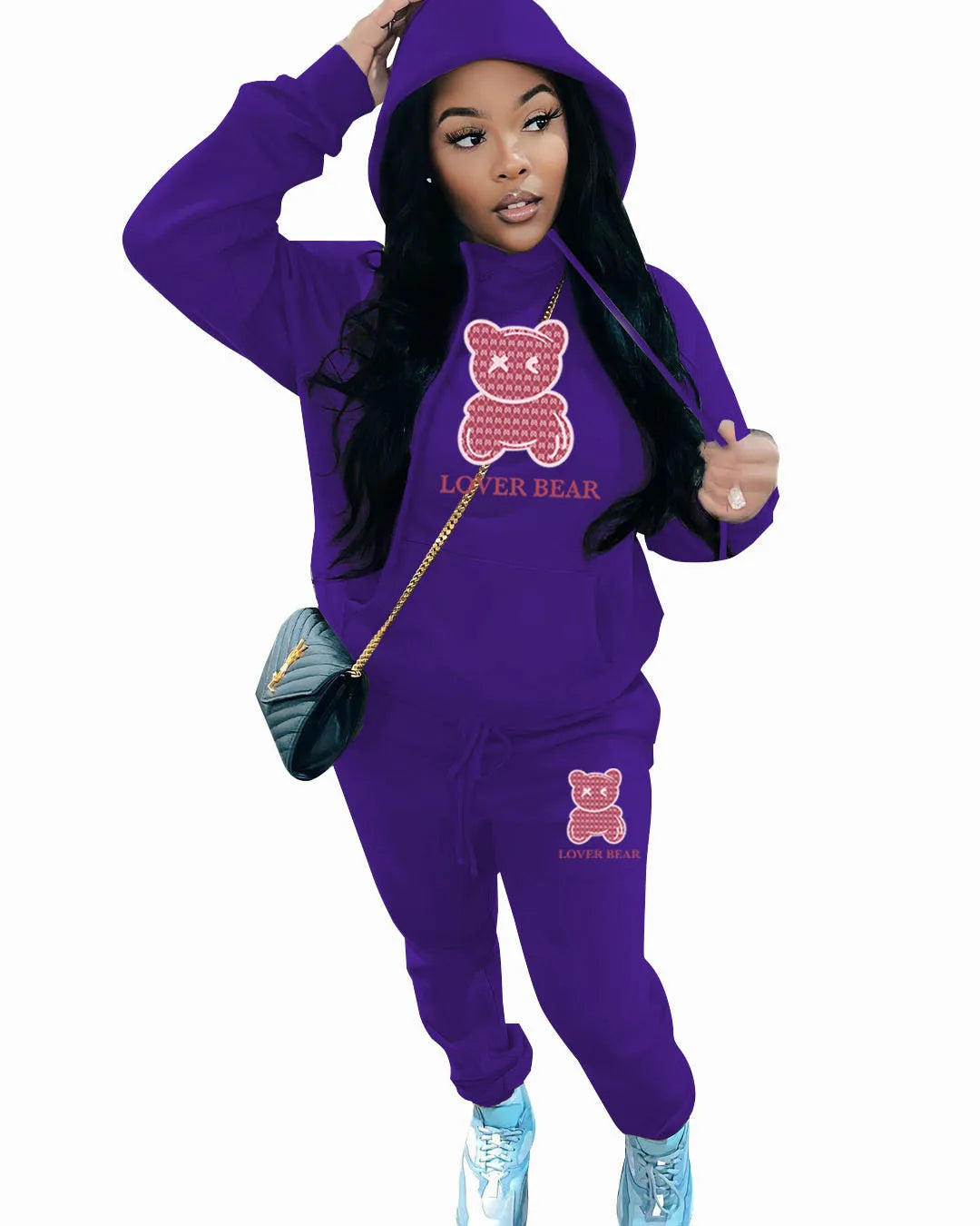 TAMBREET Lovely Bear Letter Print Kangaroo Pocket Tracksuit Set Long Sleeve Hoodie+Drawstring Trousers Women Two Pieces Matching Suits