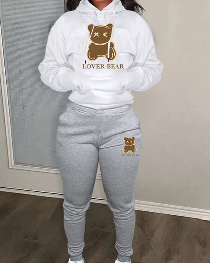 TAMBREET Lovely Bear Letter Print Kangaroo Pocket Tracksuit Set Long Sleeve Hoodie+Drawstring Trousers Women Two Pieces Matching Suits