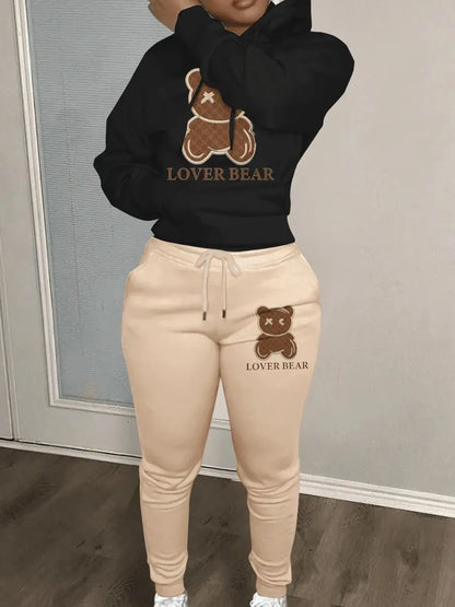 TAMBREET Lovely Bear Letter Print Kangaroo Pocket Tracksuit Set Long Sleeve Hoodie+Drawstring Trousers Women Two Pieces Matching Suits