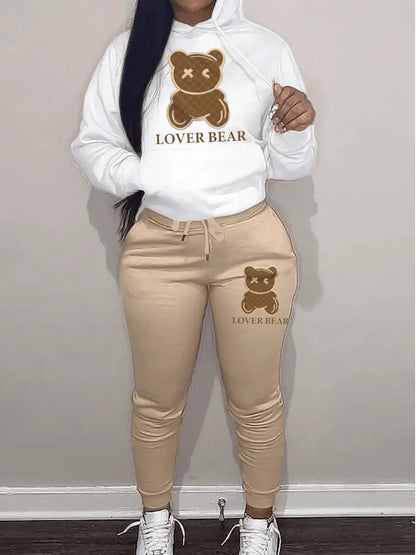 TAMBREET Lovely Bear Letter Print Kangaroo Pocket Tracksuit Set Long Sleeve Hoodie+Drawstring Trousers Women Two Pieces Matching Suits