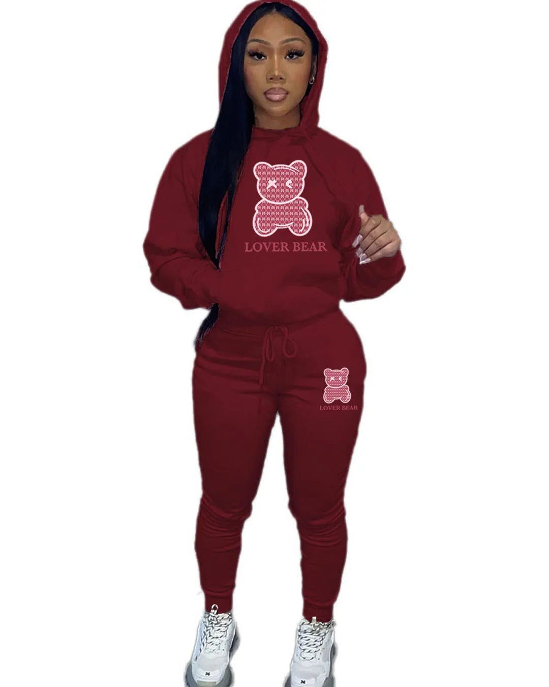 TAMBREET Lovely Bear Letter Print Kangaroo Pocket Tracksuit Set Long Sleeve Hoodie+Drawstring Trousers Women Two Pieces Matching Suits