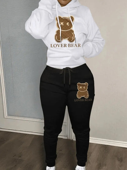 TAMBREET Lovely Bear Letter Print Kangaroo Pocket Tracksuit Set Long Sleeve Hoodie+Drawstring Trousers Women Two Pieces Matching Suits