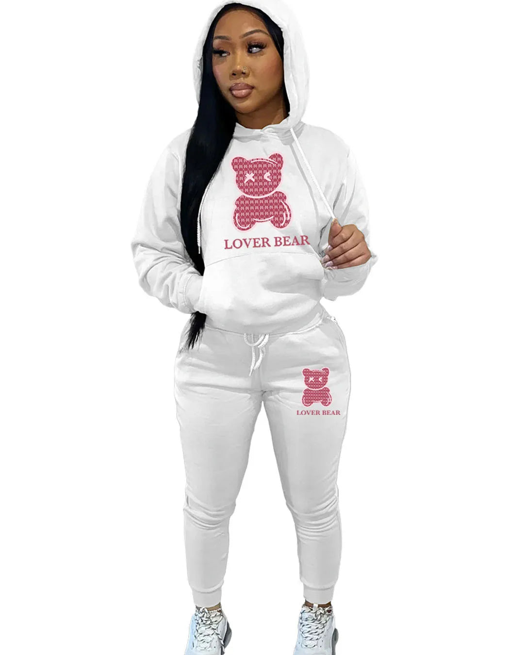 TAMBREET Lovely Bear Letter Print Kangaroo Pocket Tracksuit Set Long Sleeve Hoodie+Drawstring Trousers Women Two Pieces Matching Suits