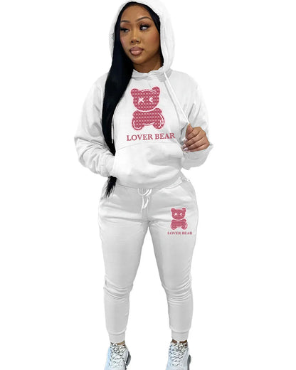 TAMBREET Lovely Bear Letter Print Kangaroo Pocket Tracksuit Set Long Sleeve Hoodie+Drawstring Trousers Women Two Pieces Matching Suits