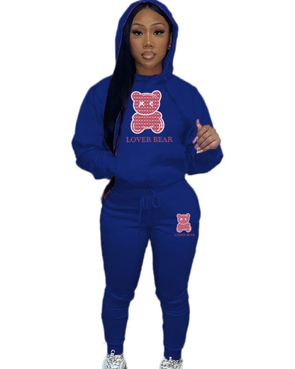 TAMBREET Lovely Bear Letter Print Kangaroo Pocket Tracksuit Set Long Sleeve Hoodie+Drawstring Trousers Women Two Pieces Matching Suits