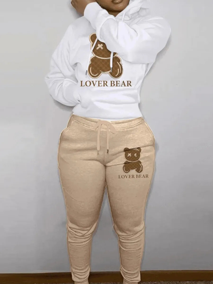 TAMBREET Lovely Bear Letter Print Kangaroo Pocket Tracksuit Set Long Sleeve Hoodie+Drawstring Trousers Women Two Pieces Matching Suits