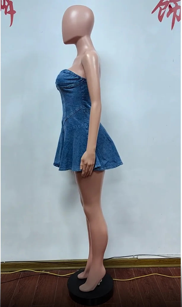 TAMBREET Lovely Lady Denim Club Dress Sexy Women Strapless Elegant Blue Jeans Skater Party Dress