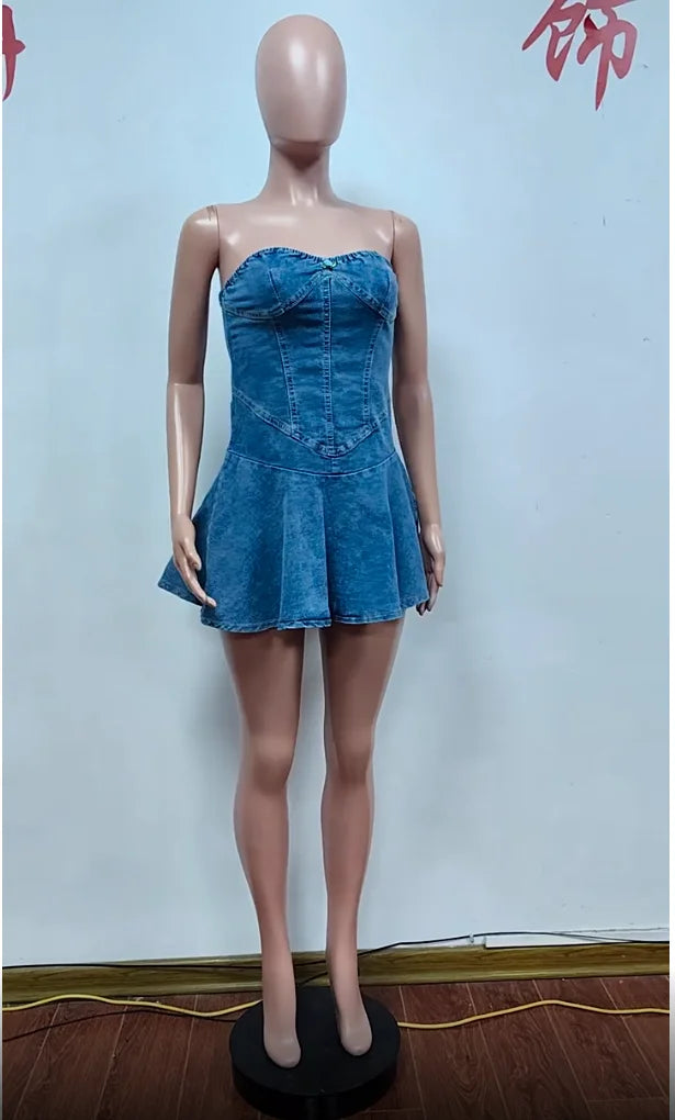 TAMBREET Lovely Lady Denim Club Dress Sexy Women Strapless Elegant Blue Jeans Skater Party Dress