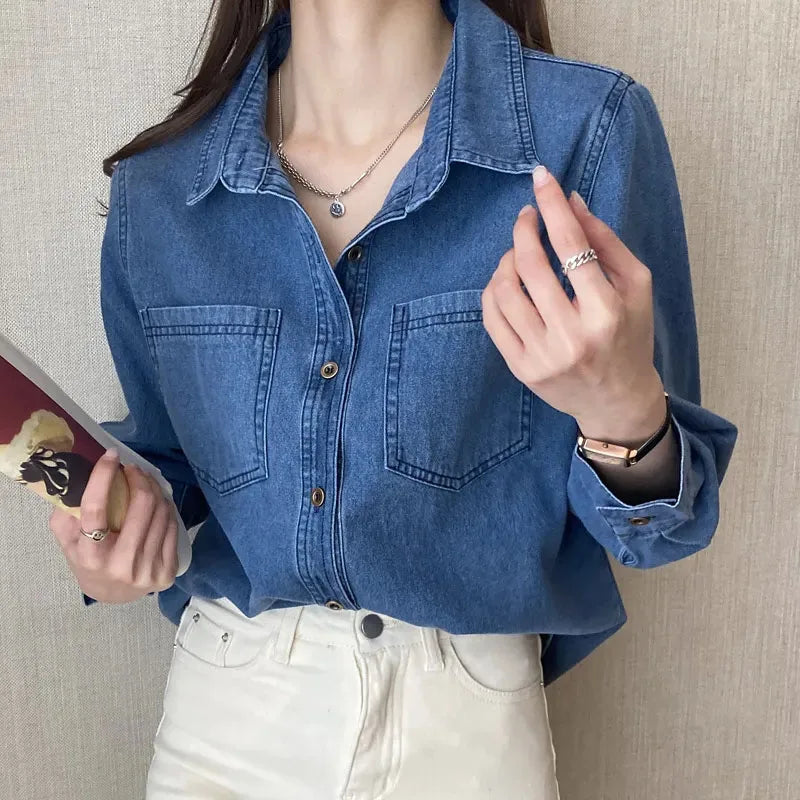 TAMBREET Lucyever Blue Denim Shirt Women 2024 Autumn New Single-Breasted Jeans Blouses Female Pockets Loose Fashion Lapel Cowboy Blusas