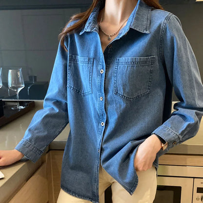 TAMBREET Lucyever Blue Denim Shirt Women 2024 Autumn New Single-Breasted Jeans Blouses Female Pockets Loose Fashion Lapel Cowboy Blusas