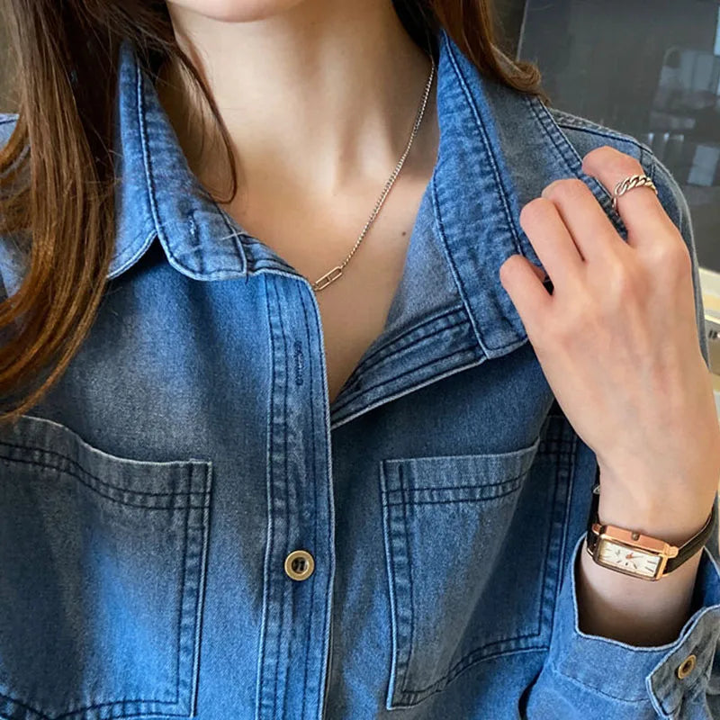 TAMBREET Lucyever Blue Denim Shirt Women 2024 Autumn New Single-Breasted Jeans Blouses Female Pockets Loose Fashion Lapel Cowboy Blusas