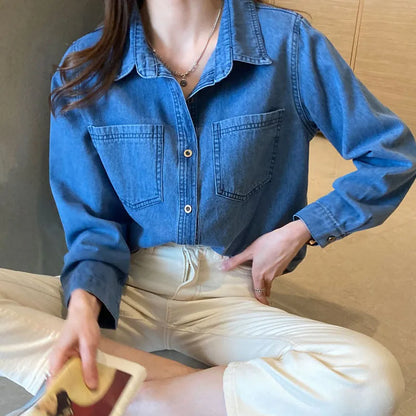 TAMBREET Lucyever Blue Denim Shirt Women 2024 Autumn New Single-Breasted Jeans Blouses Female Pockets Loose Fashion Lapel Cowboy Blusas