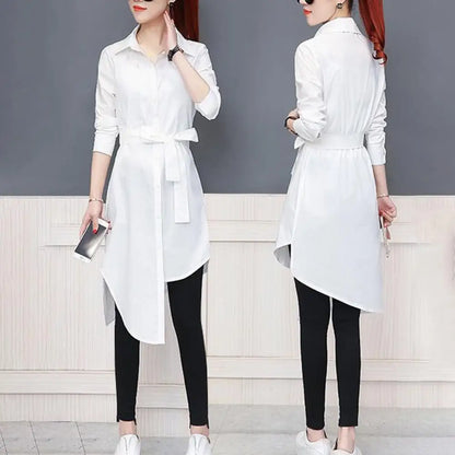 TAMBREET M-4XL Women Shirt Dress Long Sleeve Commute Mild-length Polyester Irregular Tied Belts Spring Office Lady Shirt Female Clothing