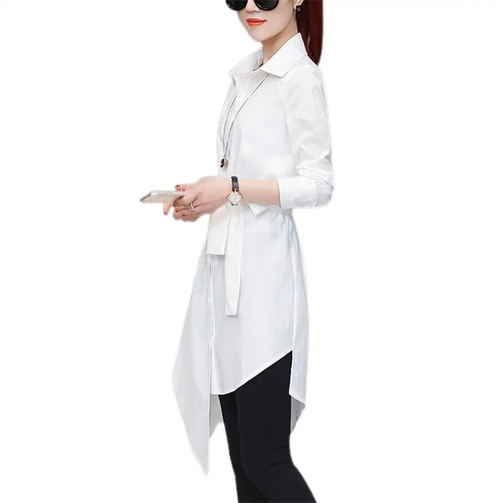 TAMBREET M-4XL Women Shirt Dress Long Sleeve Commute Mild-length Polyester Irregular Tied Belts Spring Office Lady Shirt Female Clothing