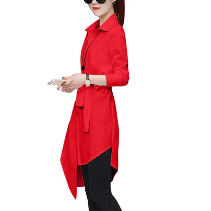 TAMBREET M-4XL Women Shirt Dress Long Sleeve Commute Mild-length Polyester Irregular Tied Belts Spring Office Lady Shirt Female Clothing