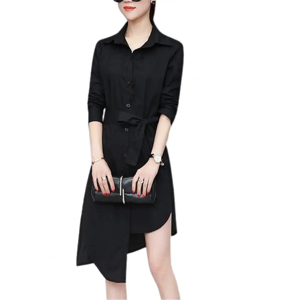 TAMBREET M-4XL Women Shirt Dress Long Sleeve Commute Mild-length Polyester Irregular Tied Belts Spring Office Lady Shirt Female Clothing