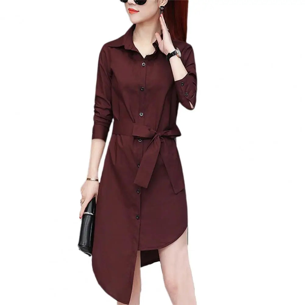 TAMBREET M-4XL Women Shirt Dress Long Sleeve Commute Mild-length Polyester Irregular Tied Belts Spring Office Lady Shirt Female Clothing