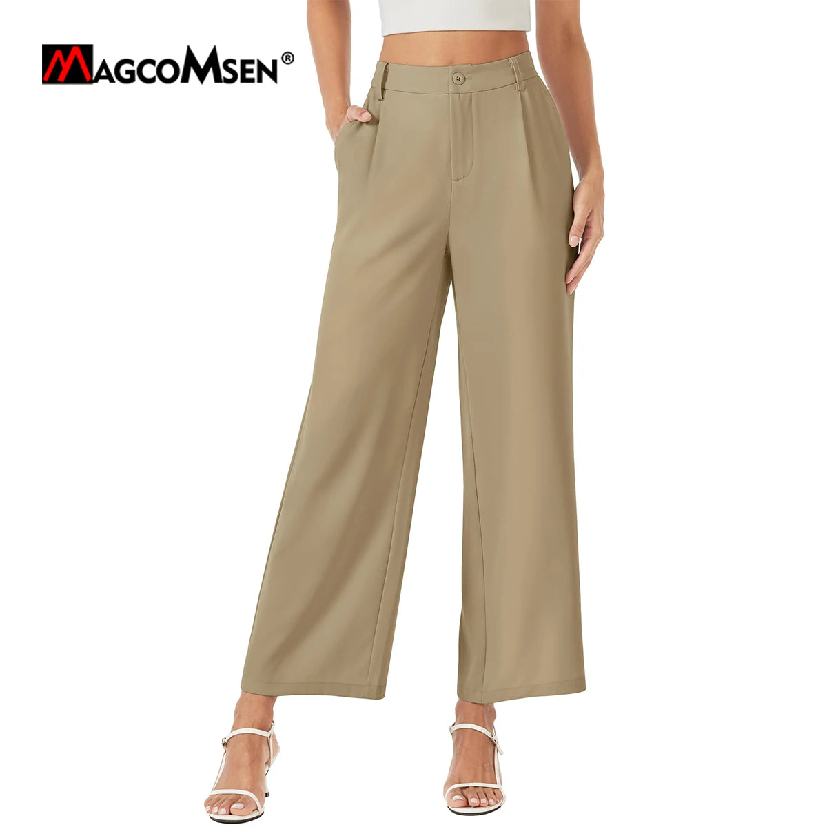 TAMBREET MAGCOMSEN Women's Business Casual Pants Narrow Waist Wide Leg Work Dress Pants Summer Lightweight Breathable