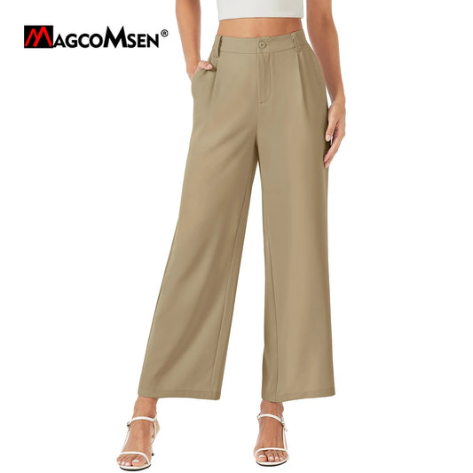 TAMBREET MAGCOMSEN Women's Business Casual Pants Narrow Waist Wide Leg Work Dress Pants Summer Lightweight Breathable