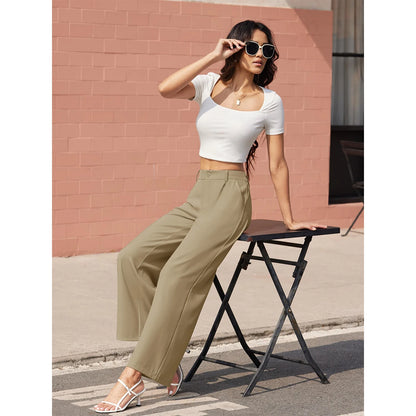 TAMBREET MAGCOMSEN Women's Business Casual Pants Narrow Waist Wide Leg Work Dress Pants Summer Lightweight Breathable