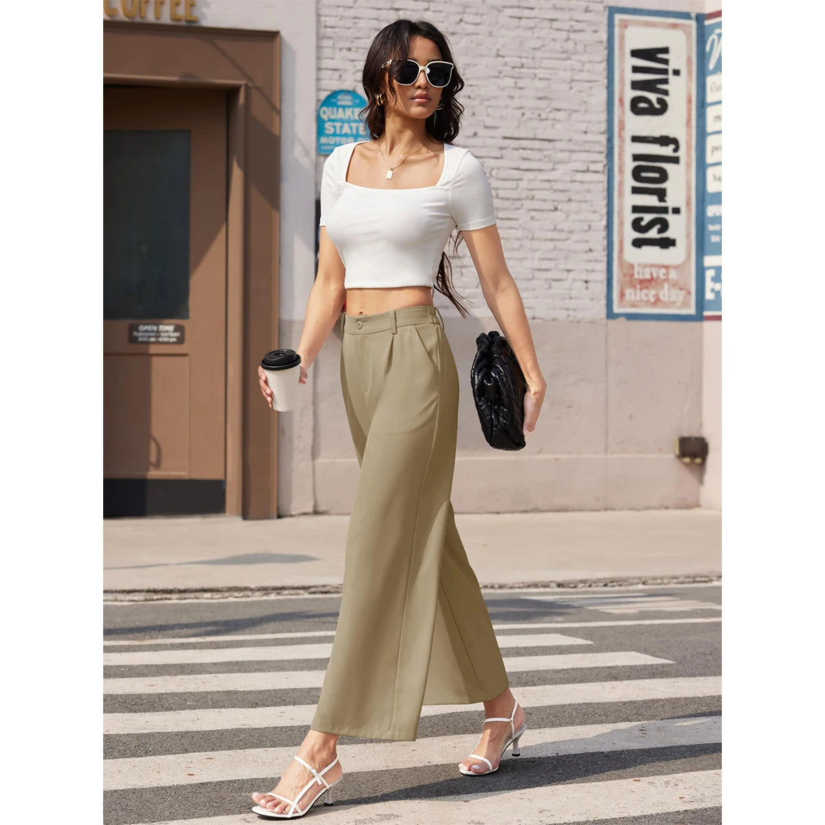 TAMBREET MAGCOMSEN Women's Business Casual Pants Narrow Waist Wide Leg Work Dress Pants Summer Lightweight Breathable